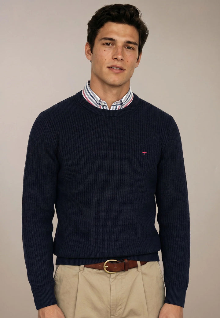 Fynch Hatton Knitted Textured Pattern Cotton Sweater, Navy