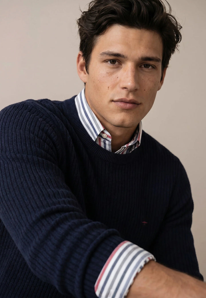 Fynch Hatton Knitted Textured Pattern Cotton Sweater, Navy