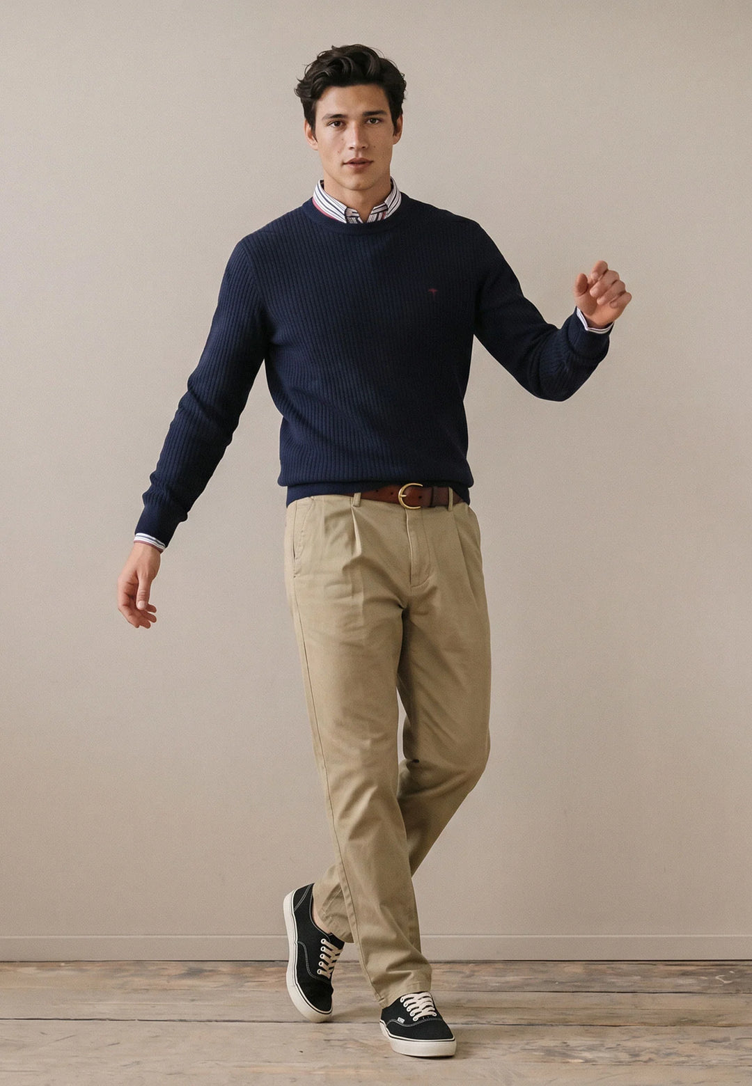 Fynch Hatton Knitted Textured Pattern Cotton Sweater, Navy