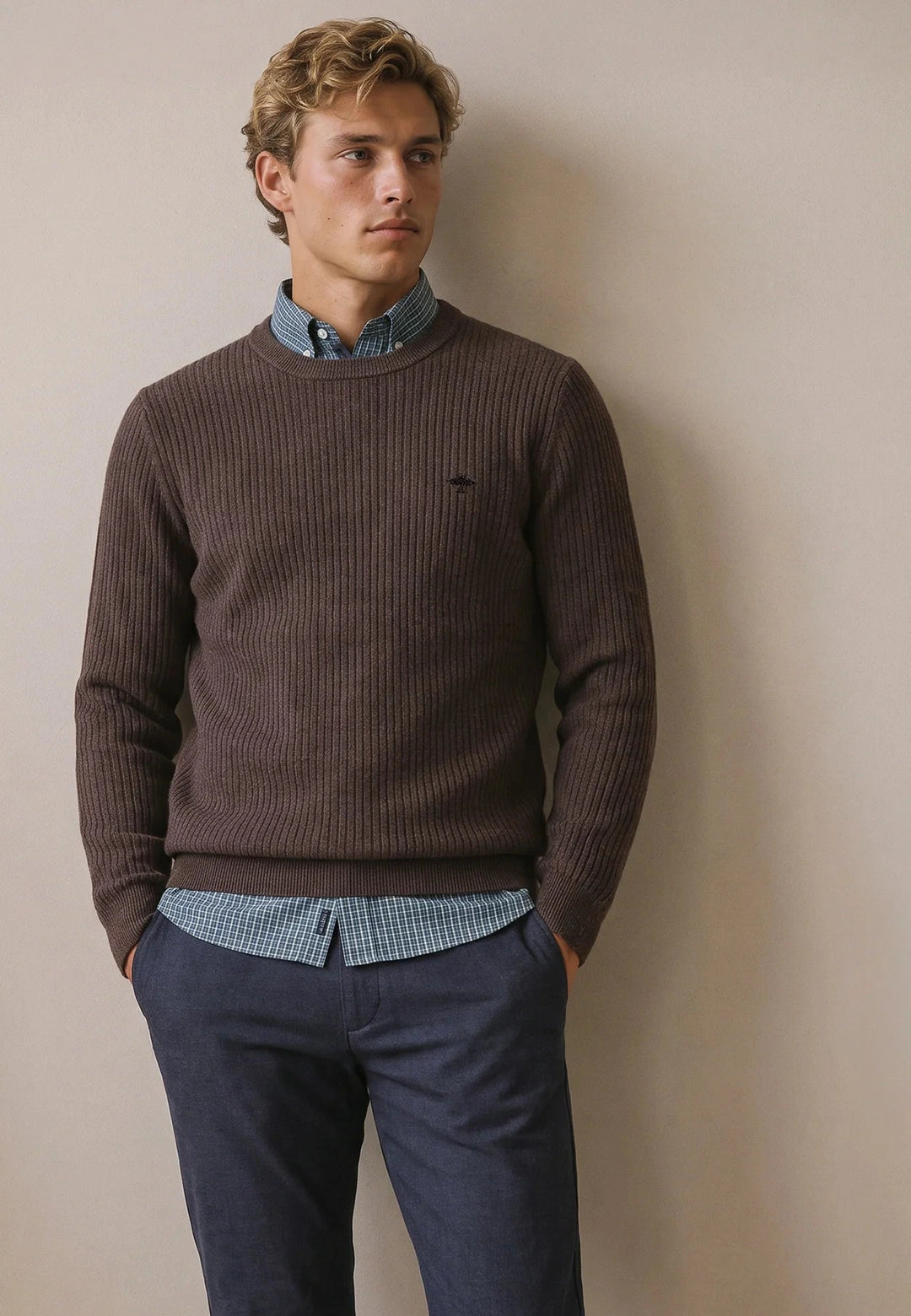 Fynch Hatton Knitted Textured Pattern Cotton Sweater, Soil