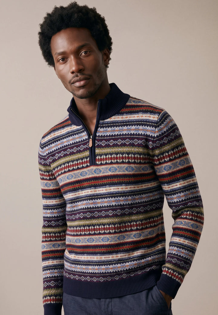 Fynch Hatton Wool Patterned Zip Jumper, Navy