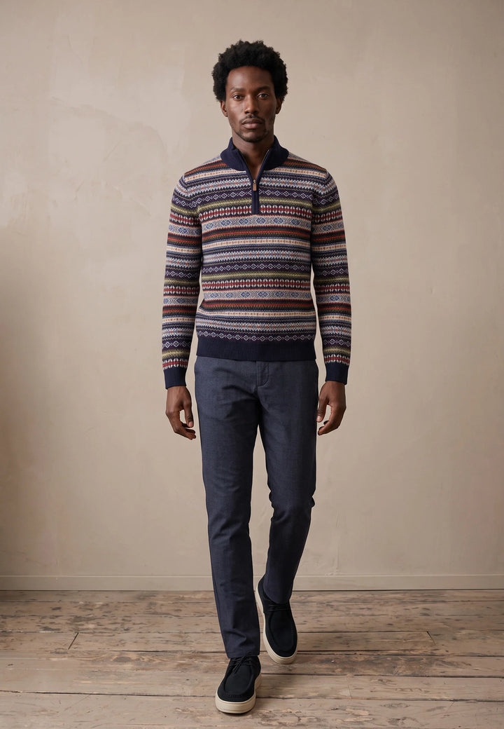 Fynch Hatton Wool Patterned Zip Jumper, Navy