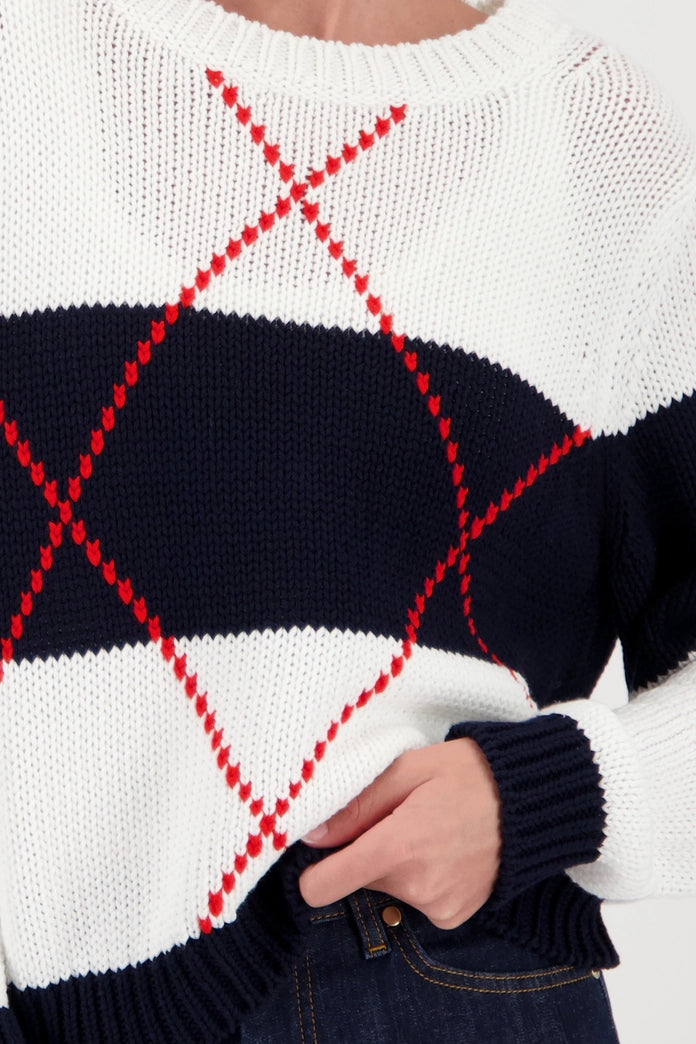 Monari Navy Block Striped Sweater & Inlay Pattern