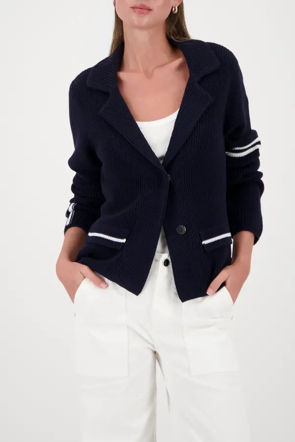 Monari Navy Knitted Blazer With Stripe Details