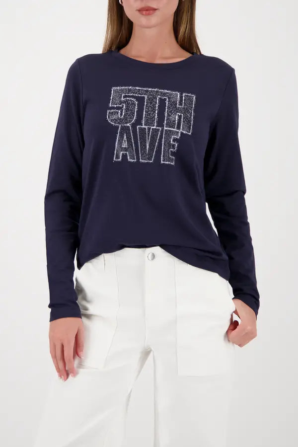 Monari Navy Long-Sleeve Top With "5th Ave" Print