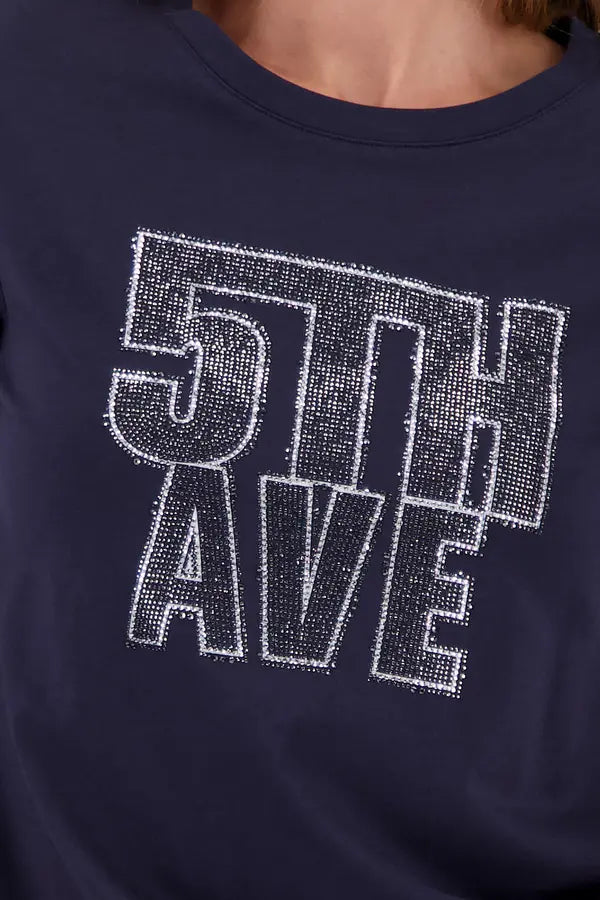 Monari Navy Long-Sleeve Top With "5th Ave" Print