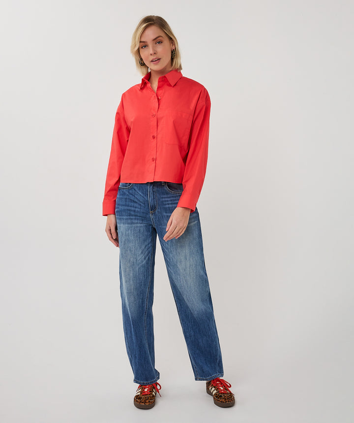 EsQualo Red Cropped & Folded Cuff Blouse