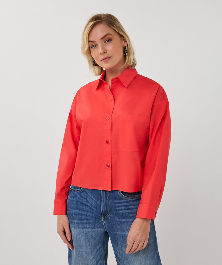 EsQualo Red Cropped & Folded Cuff Blouse