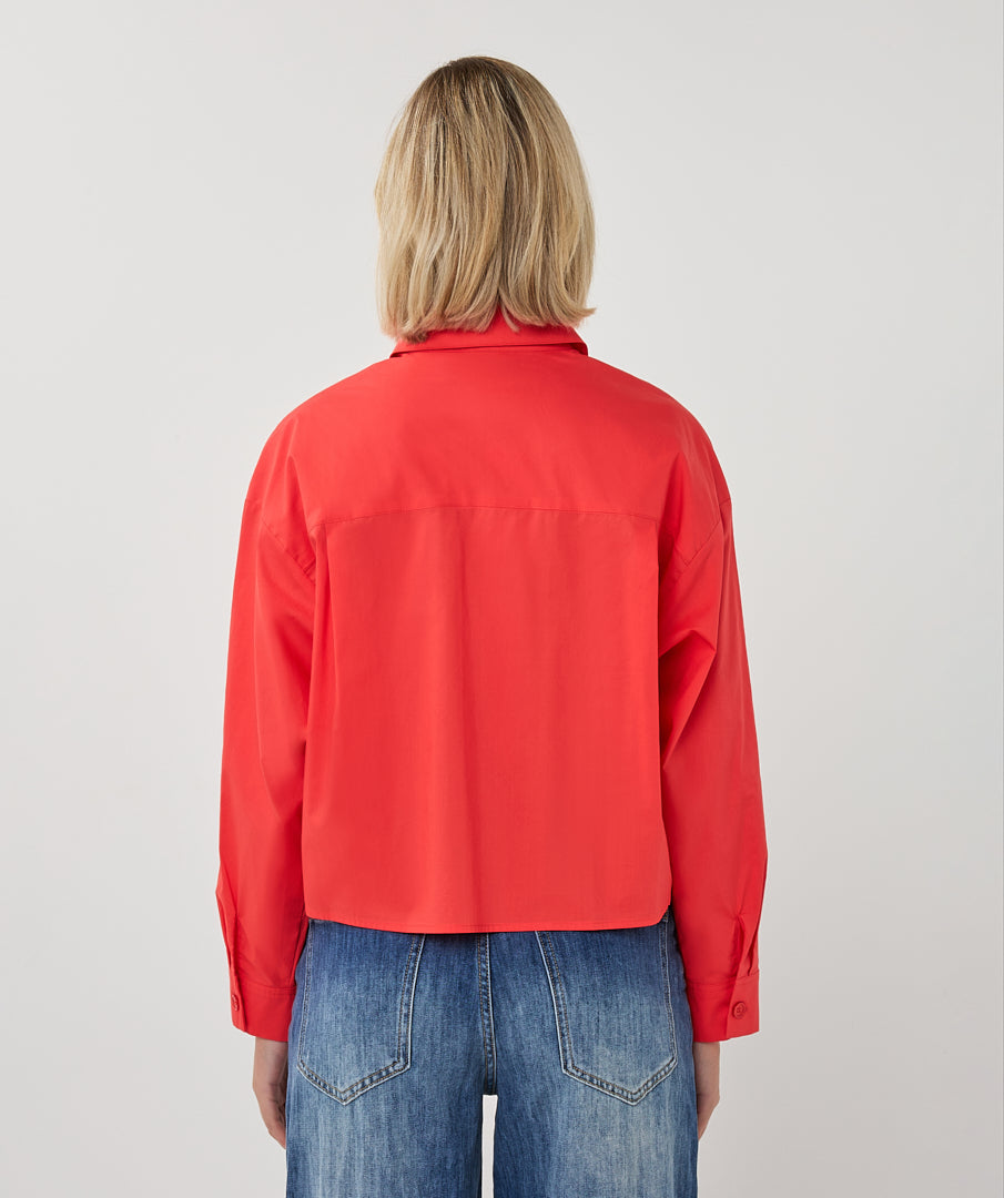 EsQualo Red Cropped & Folded Cuff Blouse