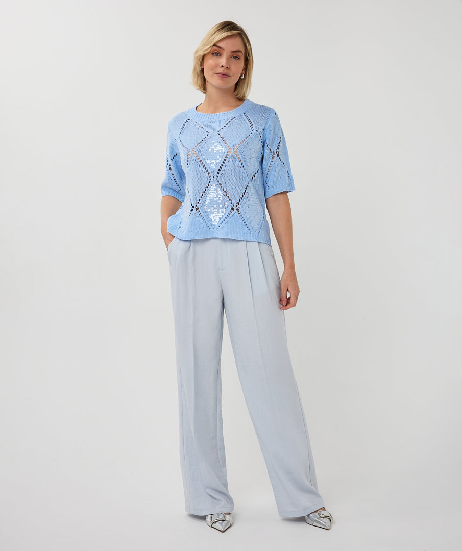 EsQualo Blue Sweater Ajour Diamond Sequins