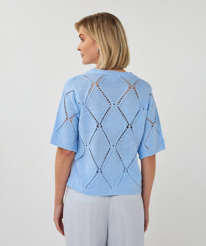 EsQualo Blue Sweater Ajour Diamond Sequins