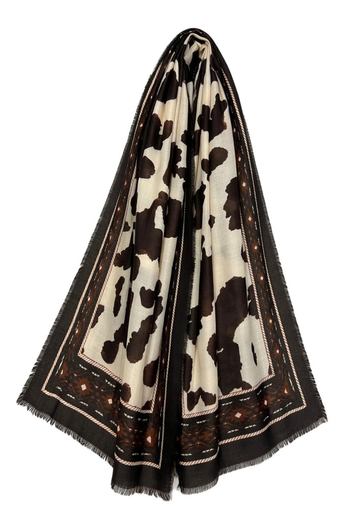 Brown Western Cow Print With Border Frayed Scarf