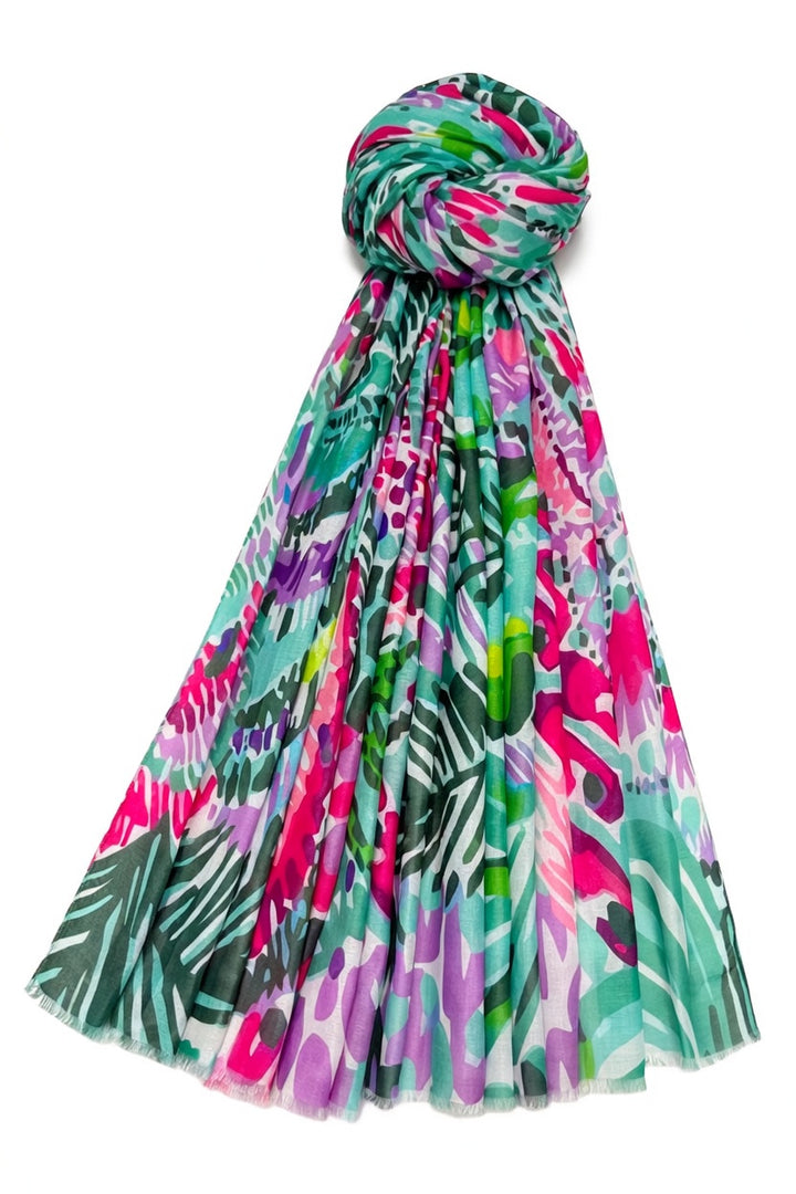 Green/Fuchsia Tropical Floral Illustrated Frayed Scarf