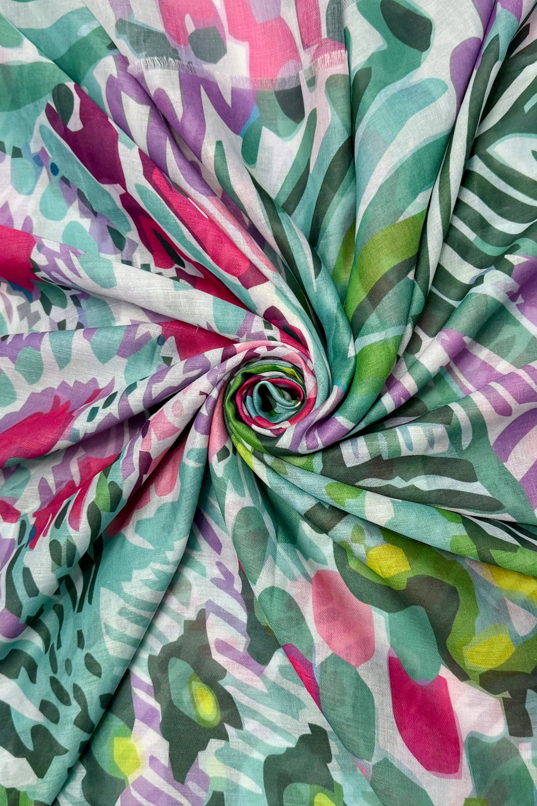 Green/Fuchsia Tropical Floral Illustrated Frayed Scarf