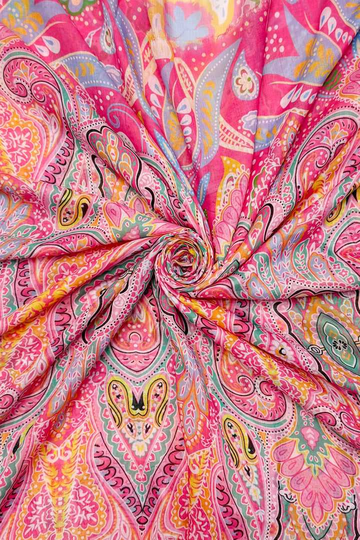 Pink Playful Bohemian Paisley Print Frayed Scarf