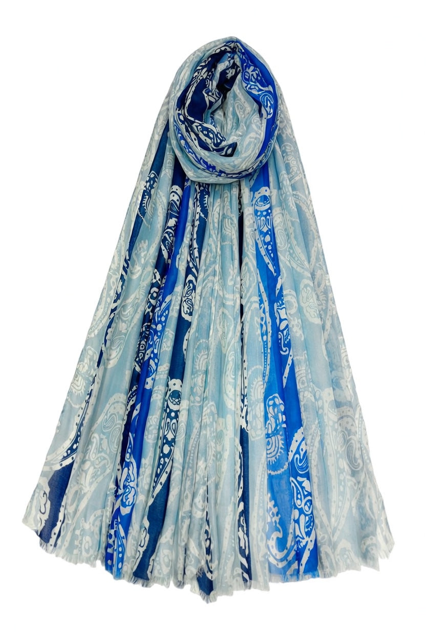 Blue Bright Striped Paisley Print Frayed Scarf