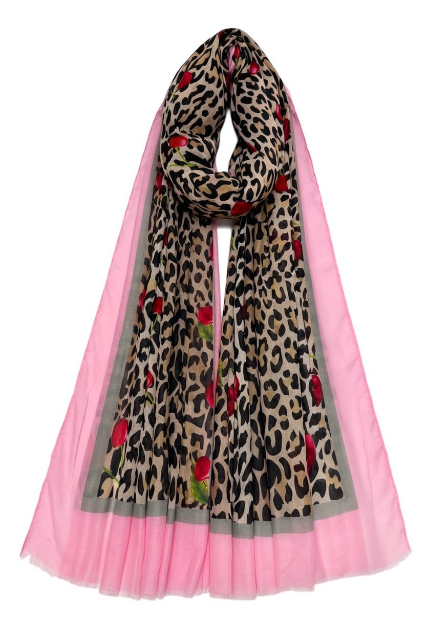 Pink Cherry & Leopard Print Frayed Scarf