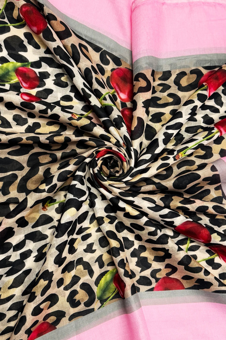 Pink Cherry & Leopard Print Frayed Scarf