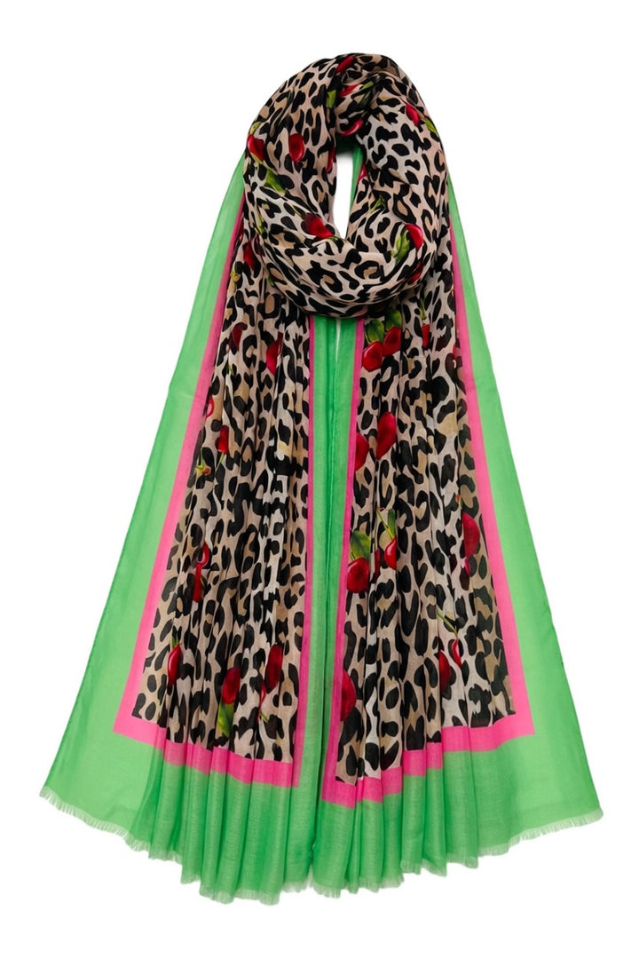 Green Cherry & Leopard Print Frayed Scarf