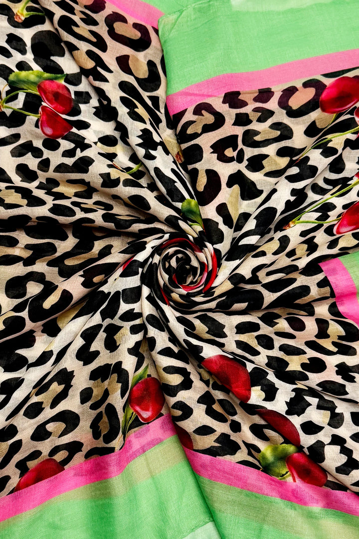 Green Cherry & Leopard Print Frayed Scarf