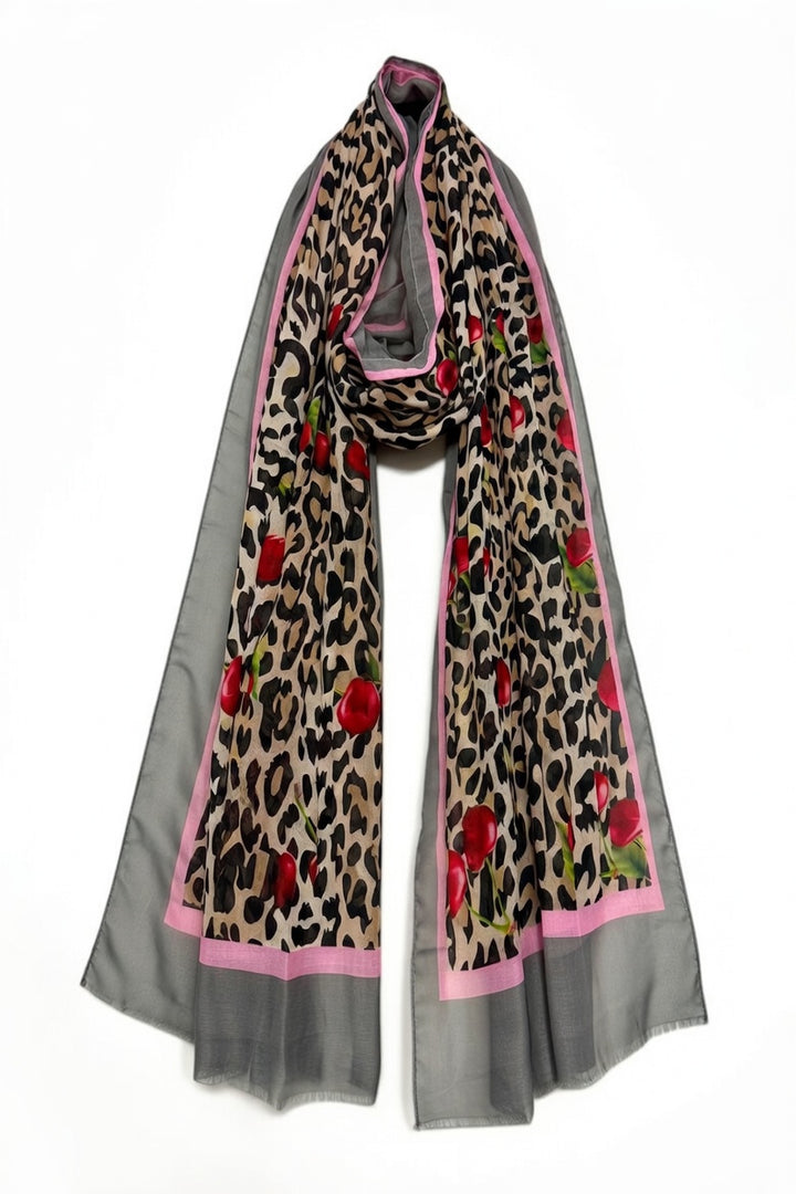 Grey Cherry & Leopard Print Frayed Scarf