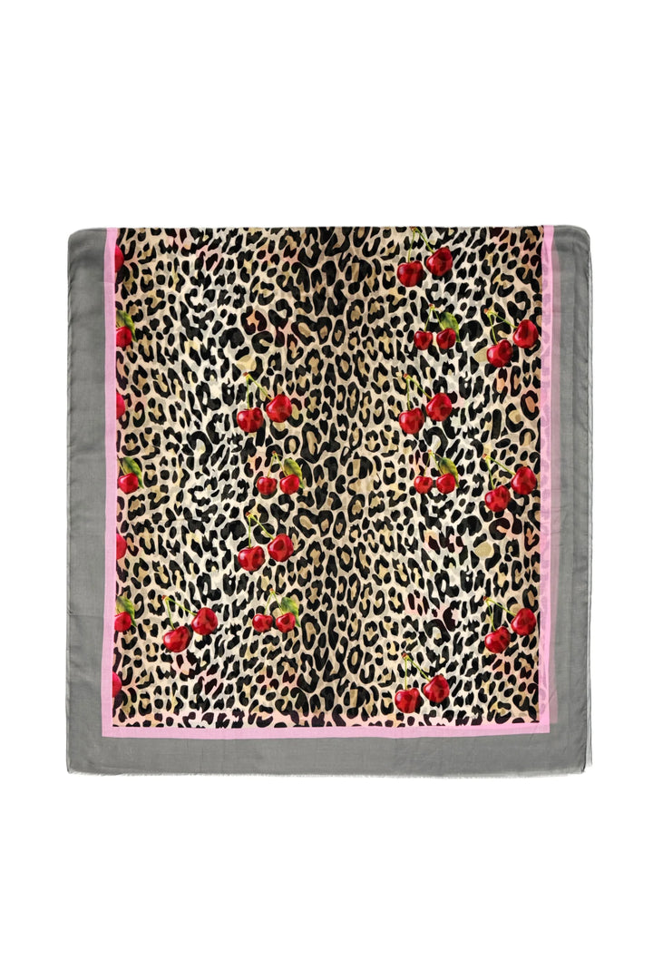 Grey Cherry & Leopard Print Frayed Scarf