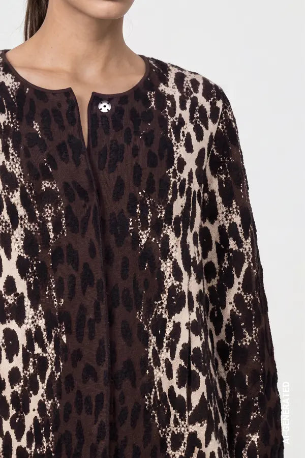 Monari Cardigan with Leopard Jacquard Pattern, Black Coffee