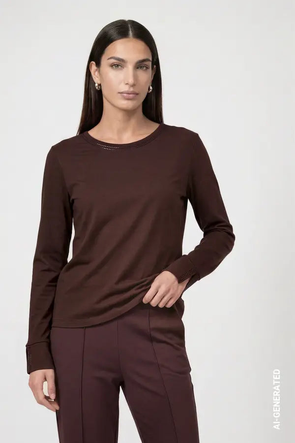 Monari Long Sleeve Top with Rhinestone Details, Black Coffee