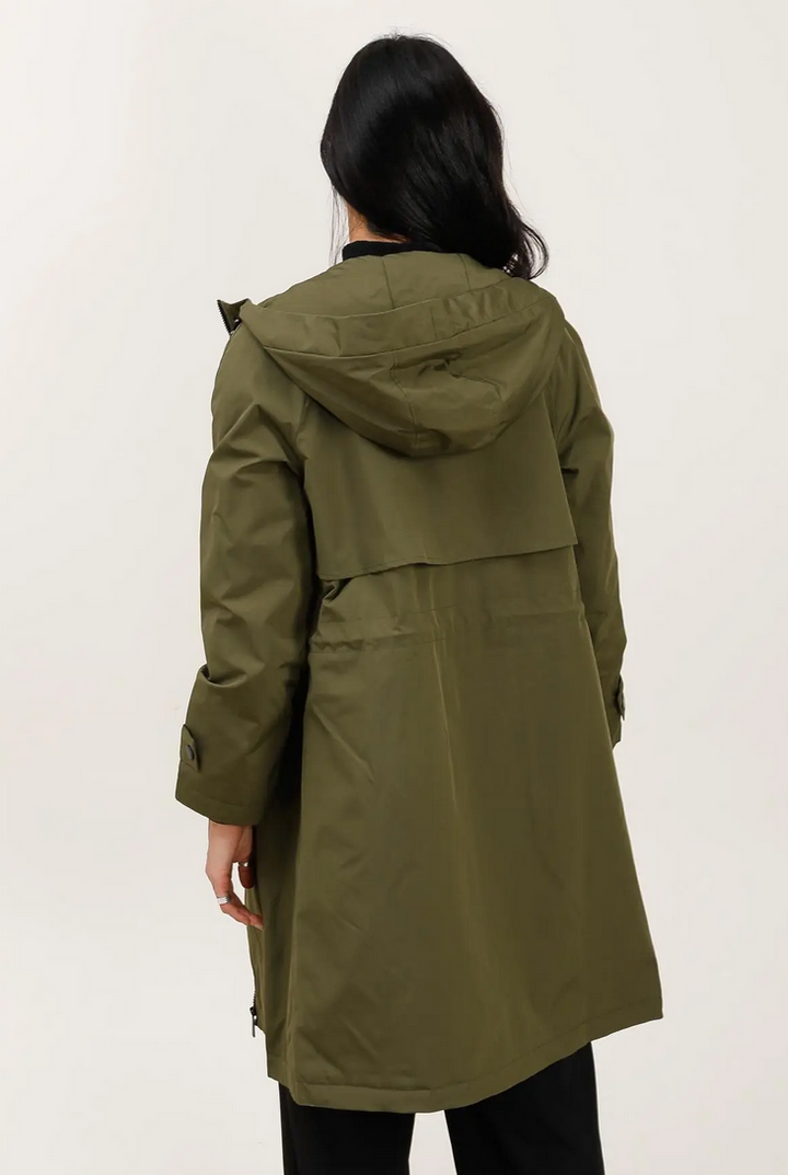 Long Khaki Waterproof Parka with Hood