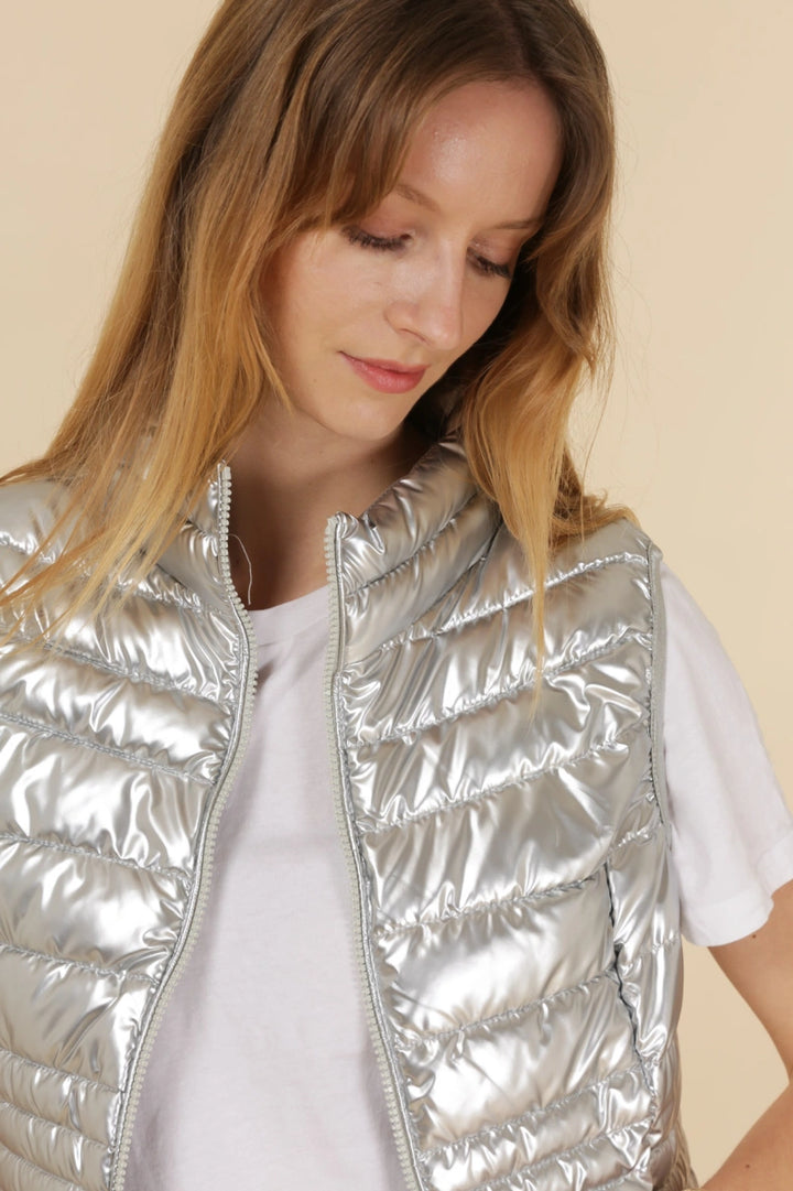Lightweight Metallic Down Gilet, Silver
